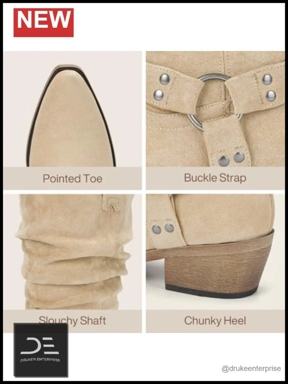 Faux Suede Mid Calf Slouchy Cowgirl Boots for Women Pointed Toe Pull-On